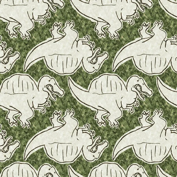 Green hand drawn Spinosaurus dinosaur seamless pattern. Gender Neutral Jurassic fossil silhouette for baby nursery. Home decor for museum, extinction and textile design