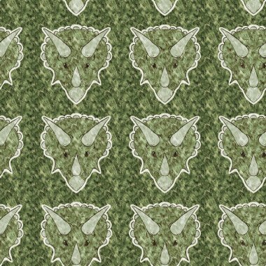Yeşil el triceratops dinozor deseni çizdi. Bebek yuvası için cinsiyet Nötr Jurasik fosil silueti. Müze, nesli tükenme ve tekstil tasarımı için cinsiyet ayrımı yapılmamış ev dekorasyonu
