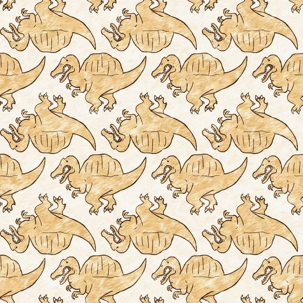 Brown hand drawn Spinosaurus dinosaur seamless pattern. Gender Neutral Jurassic fossil silhouette for baby nursery. Home decor for museum, extinction and textile design