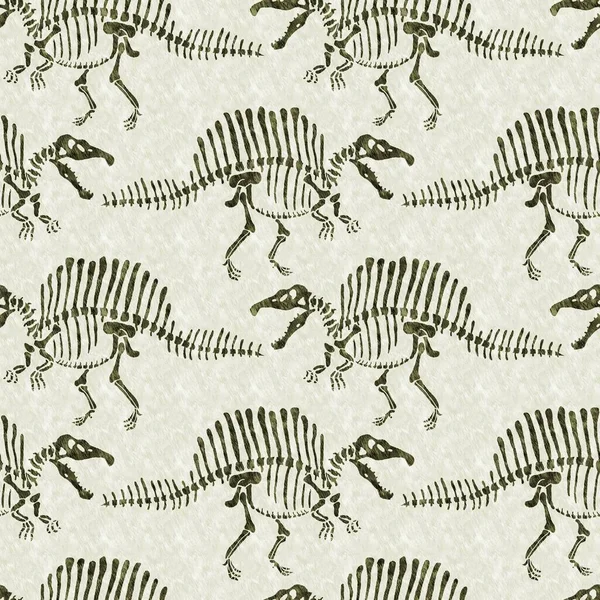 Green hand drawn Spinosaurus fossil bones dinosaur seamless pattern. Gender Neutral Jurassic silhouette for baby nursery. Home decor for museum, extinction and textile design