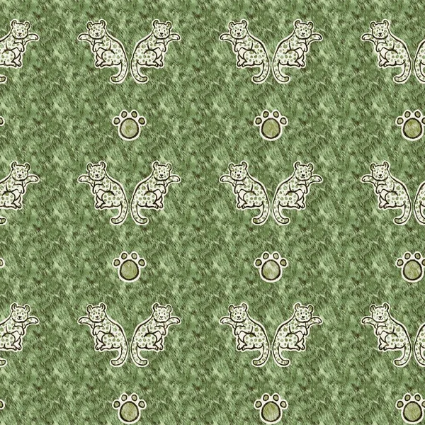 赤ちゃんの部屋の装飾のためのかわいいサファリヒョウ野生動物パターン シームレス毛皮グリーンテクスチャ性別ニュートラルプリントデザイン — ストック写真