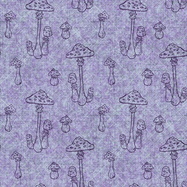 Mushroom seamless hand drawn linen style pattern. Organic fungi natural tone on tone design for throw pillow, soft furnishing. Modern purple woodland home decor