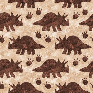 Hand drawn triceratops dinosaur seamless pattern. Gender Neutral Jurassic fossil silhouette for baby nursery. Gender neutral home decor for museum, excintion and textile design
