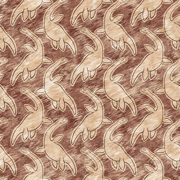Brown Hand Drawn Plesiosaur Dinosaur Seamless Pattern Gender Neutral Jurassic — Stock Photo, Image