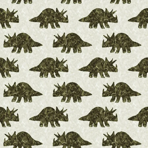 Green hand drawn triceratops dinosaur seamless pattern. Gender Neutral Jurassic fossil silhouette for baby nursery. Gender neutral home decor for museum, extinction and textile design