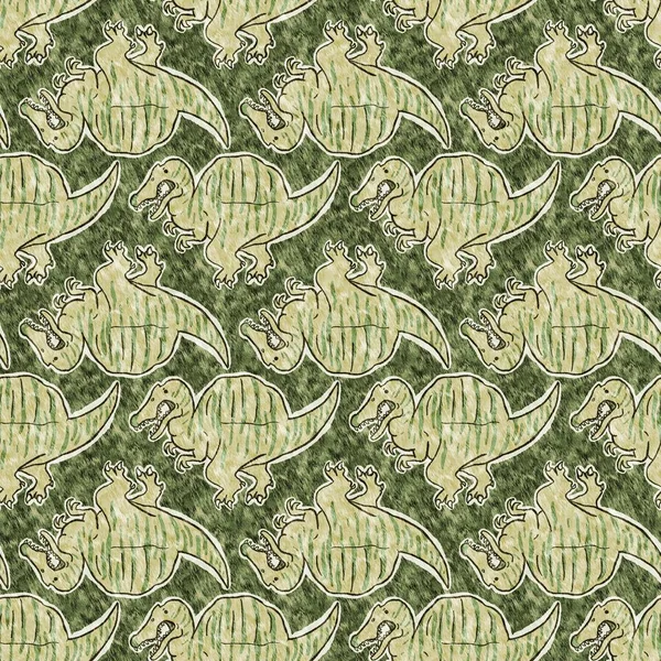Green hand drawn Spinosaurus dinosaur seamless pattern. Gender Neutral Jurassic fossil silhouette for baby nursery. Home decor for museum, extinction and textile design