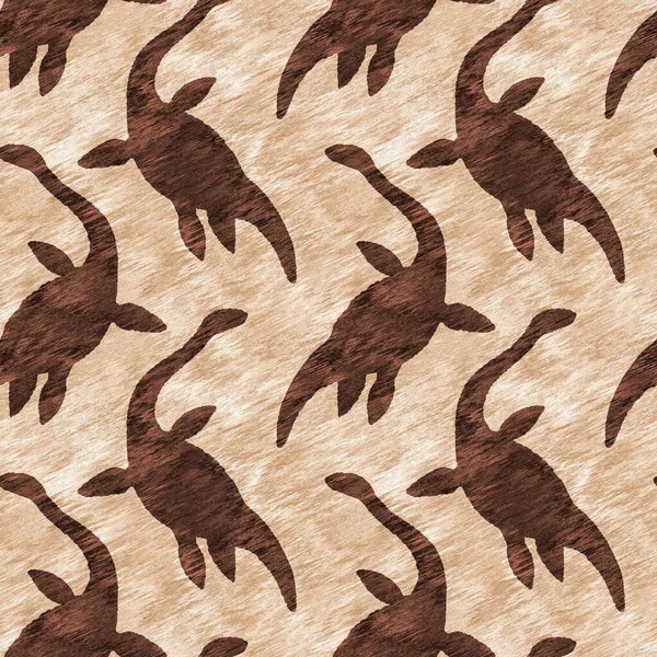 Brown Hand Drawn Plesiosaur Dinosaur Seamless Pattern Gender Neutral Jurassic — Fotografia de Stock
