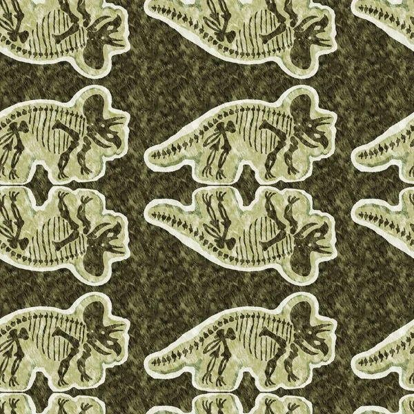 Green triceratops dinosaur fossil bones seamless pattern. Gender Neutral Jurassic silhouette for baby nursery. Gender neutral home decor for museum, extinction and textile design