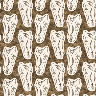 Kahverengi el, Spinosaurus fosil kemikleri çizdi dinozor dikişsiz deseni. Bebek odası için cinsiyet olarak Tarafsız Jurasik siluet. Müze, neslin tükenmesi ve tekstil tasarımı için ev dekorasyonu