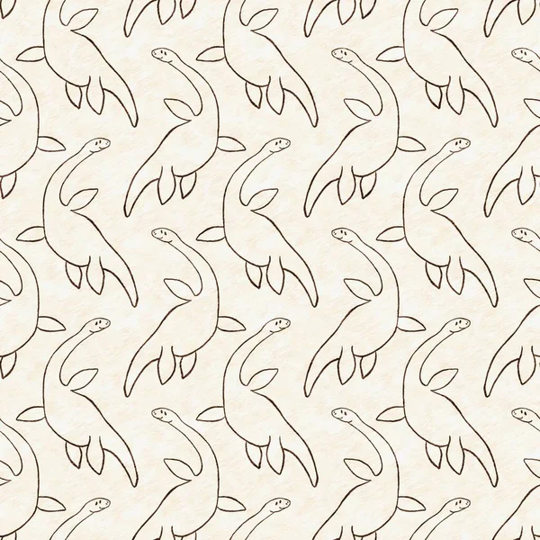 Brown hand drawn plesiosaur dinosaur seamless pattern. Gender Neutral Jurassic fossil silhouette for baby nursery. Gender neutral home decor for museum, extinction and textile design