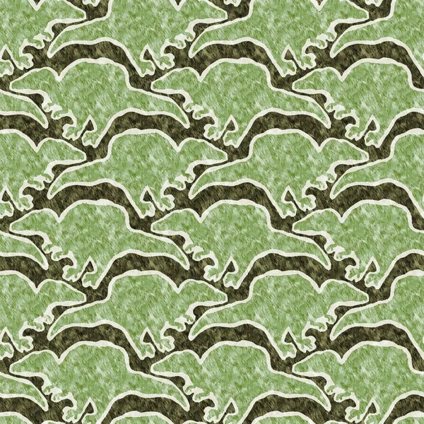 Green hand drawn Spinosaurus dinosaur seamless pattern. Gender Neutral Jurassic fossil silhouette for baby nursery. Home decor for museum, extinction and textile design