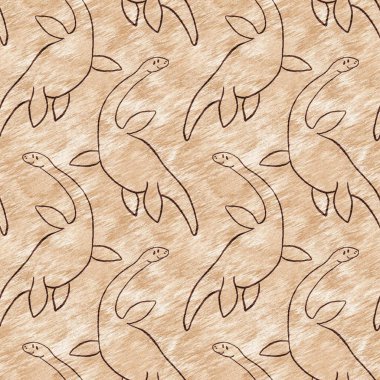 Kahverengi el plesiosaur dinazorunu kusursuz şekilde çizmiş. Bebek yuvası için cinsiyet Nötr Jurasik fosil silueti. Müze, nesli tükenme ve tekstil tasarımı için cinsiyet ayrımı yapılmamış ev dekorasyonu 