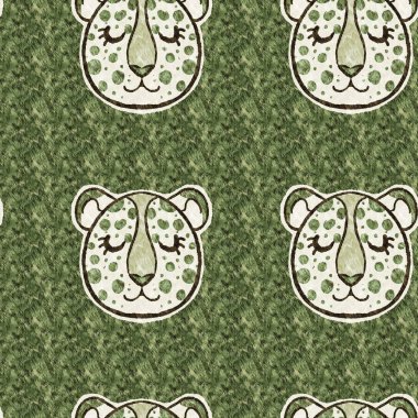 Bebek odası dekorasyonu için şirin safari leoparı vahşi hayvan deseni. Kusursuz kürksüz yeşil desenli cinsiyet nötr iz tasarımı