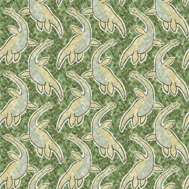 Yeşil el plesiosaur dinazorunu kusursuz şekilde çizdi. Bebek yuvası için cinsiyet Nötr Jurasik fosil silueti. Müze, nesli tükenme ve tekstil tasarımı için cinsiyet ayrımı yapılmamış ev dekorasyonu