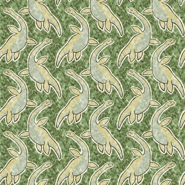 Green Hand Drawn Plesiosaur Dinosaur Seamless Pattern Gender Neutral Jurassic — Stock Photo, Image