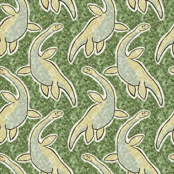 Green Hand Drawn Plesiosaur Dinosaur Seamless Pattern Gender Neutral Jurassic — Photo