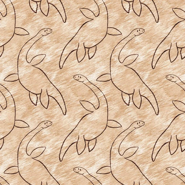 Brown Hand Drawn Plesiosaur Dinosaur Seamless Pattern Gender Neutral Jurassic — Stock Photo, Image