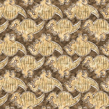 Kahverengi el, Spinosaurus dinazorların kusursuz desenlerini çizdi. Bebek yuvası için cinsiyet Nötr Jurasik fosil silueti. Müze, neslin tükenmesi ve tekstil tasarımı için ev dekorasyonu