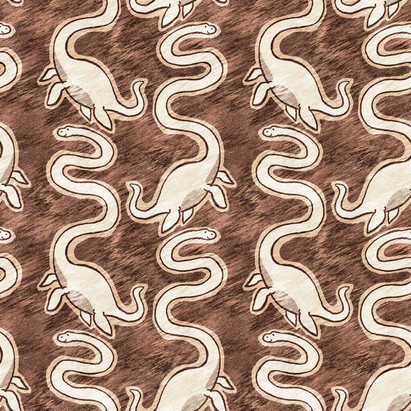 Brown Hand Drawn Plesiosaur Dinosaur Seamless Pattern Gender Neutral Jurassic — Stockfoto