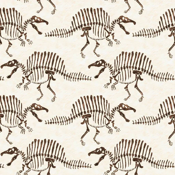 Brown hand drawn Spinosaurus fossil bones dinosaur seamless pattern. Gender Neutral Jurassic silhouette for baby nursery. Home decor for museum, extinction and textile design