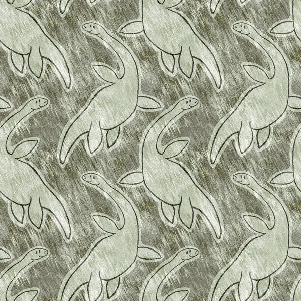 Коричневый Ручной Рисунок Динозавра Плезиозавра Бесшовный Рисунок Гендерно Нейтральный Юрский — стоковое фото