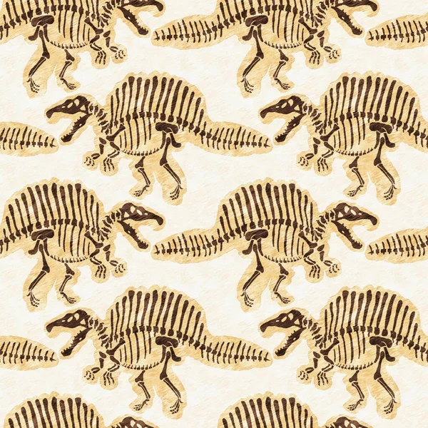 Brown hand drawn Spinosaurus fossil bones dinosaur seamless pattern. Gender Neutral Jurassic silhouette for baby nursery. Home decor for museum, extinction and textile design