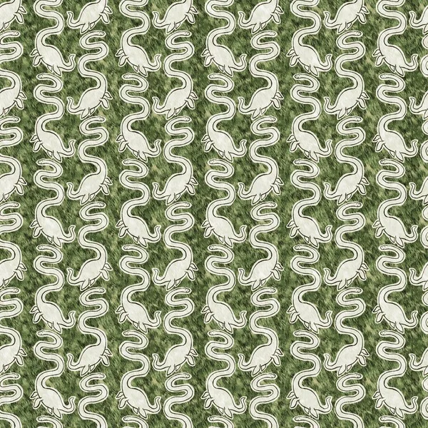 Green hand drawn plesiosaur dinosaur seamless pattern. Gender Neutral Jurassic fossil silhouette for baby nursery. Gender neutral home decor for museum, extinction and textile design