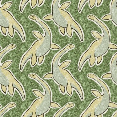 Yeşil el plesiosaur dinazorunu kusursuz şekilde çizdi. Bebek yuvası için cinsiyet Nötr Jurasik fosil silueti. Müze, nesli tükenme ve tekstil tasarımı için cinsiyet ayrımı yapılmamış ev dekorasyonu