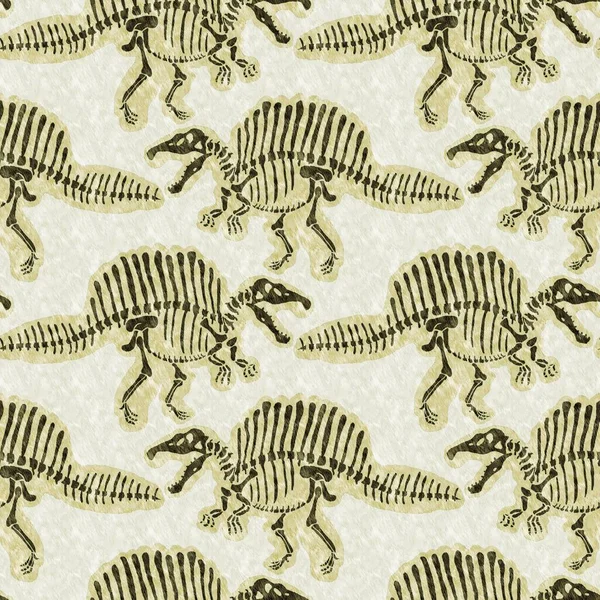 Green hand drawn Spinosaurus fossil bones dinosaur seamless pattern. Gender Neutral Jurassic silhouette for baby nursery. Home decor for museum, extinction and textile design