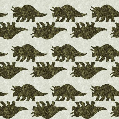 Green hand drawn triceratops dinosaur seamless pattern. Gender Neutral Jurassic fossil silhouette for baby nursery. Gender neutral home decor for museum, extinction and textile design