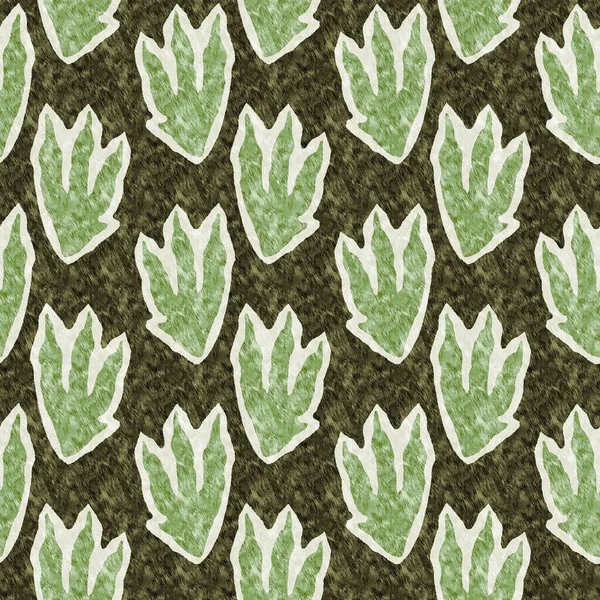 Green hand drawn dinosaur foot print seamless pattern. Gender Neutral Jurassic fossil silhouette for baby nursery. Home decor for museum, extinction and textile design