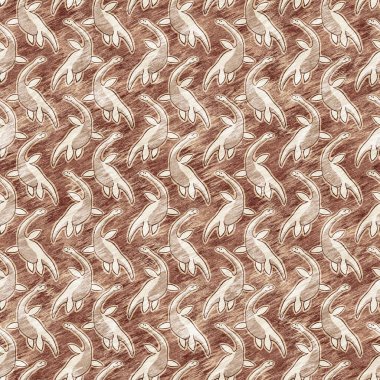 Kahverengi el plesiosaur dinazorunu kusursuz şekilde çizmiş. Bebek yuvası için cinsiyet Nötr Jurasik fosil silueti. Müze, nesli tükenme ve tekstil tasarımı için cinsiyet ayrımı yapılmamış ev dekorasyonu 