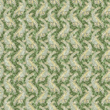 Green hand drawn plesiosaur dinosaur seamless pattern. Gender Neutral Jurassic fossil silhouette for baby nursery. Gender neutral home decor for museum, extinction and textile design