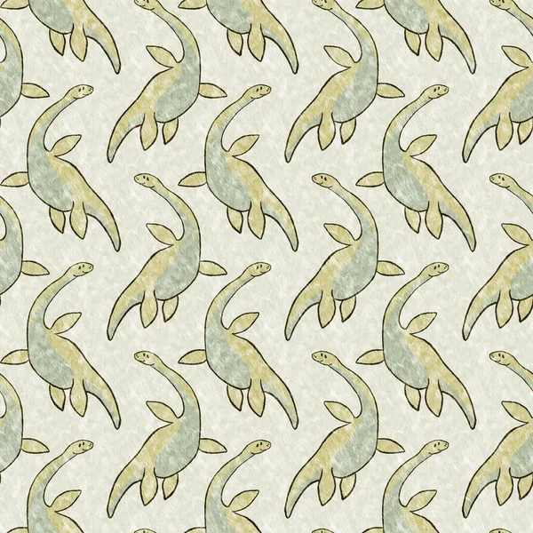 Green Hand Drawn Plesiosaur Dinosaur Seamless Pattern Gender Neutral Jurassic — стоковое фото