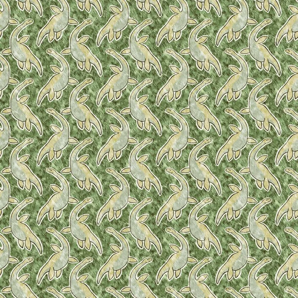 Green Hand Drawn Plesiosaur Dinosaur Seamless Pattern Gender Neutral Jurassic — Foto Stock