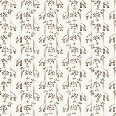 Bebek odası dekorasyonu için şirin bir safari vahşi zürafa deseni. Kusursuz Afrikalı kürklü kahverengi cinsiyet dokusuna sahip nötr iz tasarımı