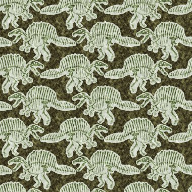 Yeşil el, Spinosaurus fosil kemikleri çizdi dinozor dikişsiz deseni. Bebek odası için cinsiyet olarak Tarafsız Jurasik siluet. Müze, neslin tükenmesi ve tekstil tasarımı için ev dekorasyonu