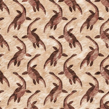 Kahverengi el plesiosaur dinazorunu kusursuz şekilde çizmiş. Bebek yuvası için cinsiyet Nötr Jurasik fosil silueti. Müze, nesli tükenme ve tekstil tasarımı için cinsiyet ayrımı yapılmamış ev dekorasyonu 