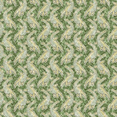 Green hand drawn plesiosaur dinosaur seamless pattern. Gender Neutral Jurassic fossil silhouette for baby nursery. Gender neutral home decor for museum, extinction and textile design