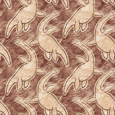 Kahverengi el plesiosaur dinazorunu kusursuz şekilde çizmiş. Bebek yuvası için cinsiyet Nötr Jurasik fosil silueti. Müze, nesli tükenme ve tekstil tasarımı için cinsiyet ayrımı yapılmamış ev dekorasyonu 