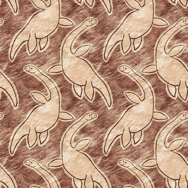 褐色手绘龙胸龙无缝图案 用于婴儿保育的中性侏罗纪化石轮廓 博物馆 灭绝和纺织品设计用中性家居装饰 — 图库照片