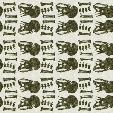 Yeşil triceratops dinozor fosil kemikleri kusursuz desen. Bebek odası için cinsiyet olarak Tarafsız Jurasik siluet. Müze, nesli tükenme ve tekstil tasarımı için cinsiyet ayrımı yapılmamış ev dekorasyonu