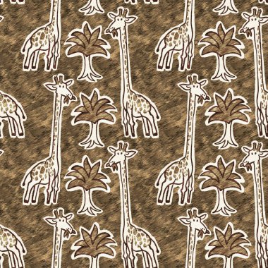 Bebek odası dekorasyonu için şirin bir safari vahşi zürafa deseni. Kusursuz Afrikalı kürklü kahverengi cinsiyet dokusuna sahip nötr iz tasarımı
