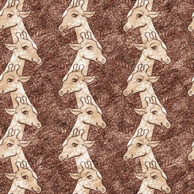 Bebek odası dekorasyonu için şirin bir safari vahşi zürafa deseni. Kusursuz Afrikalı kürklü kahverengi cinsiyet dokusuna sahip nötr iz tasarımı