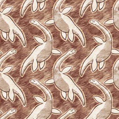 Kahverengi el plesiosaur dinazorunu kusursuz şekilde çizmiş. Bebek yuvası için cinsiyet Nötr Jurasik fosil silueti. Müze, nesli tükenme ve tekstil tasarımı için cinsiyet ayrımı yapılmamış ev dekorasyonu 