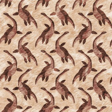 Kahverengi el plesiosaur dinazorunu kusursuz şekilde çizmiş. Bebek yuvası için cinsiyet Nötr Jurasik fosil silueti. Müze, nesli tükenme ve tekstil tasarımı için cinsiyet ayrımı yapılmamış ev dekorasyonu 