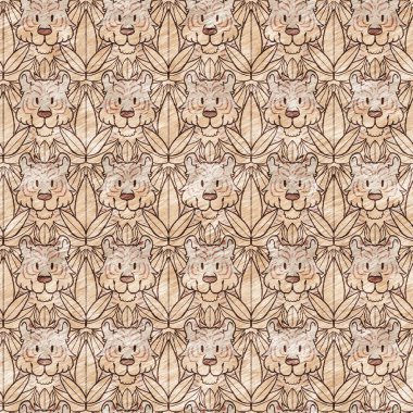 Bebek odası dekorasyonu için şirin bir safari vahşi kaplan deseni. Kusursuz büyük kedi kürklü kahverengi cinsiyet şekilli nötr iz tasarımı