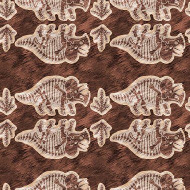 Kahverengi el triceratops dinozor desenli. Bebek yuvası için cinsiyet Nötr Jurasik fosil silueti. Müze, nesli tükenme ve tekstil tasarımı için cinsiyet ayrımı yapılmamış ev dekorasyonu