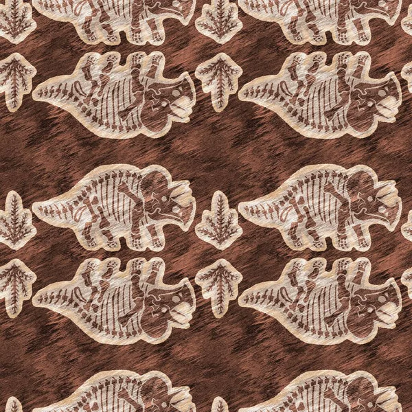 Brown hand drawn triceratops dinosaur seamless pattern. Gender Neutral Jurassic fossil silhouette for baby nursery. Gender neutral home decor for museum, extinction and textile design
