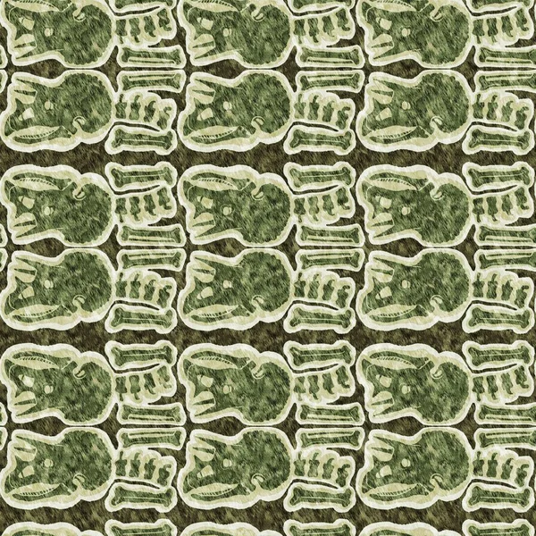 Green triceratops dinosaur fossil bones seamless pattern. Gender Neutral Jurassic silhouette for baby nursery. Gender neutral home decor for museum, extinction and textile design